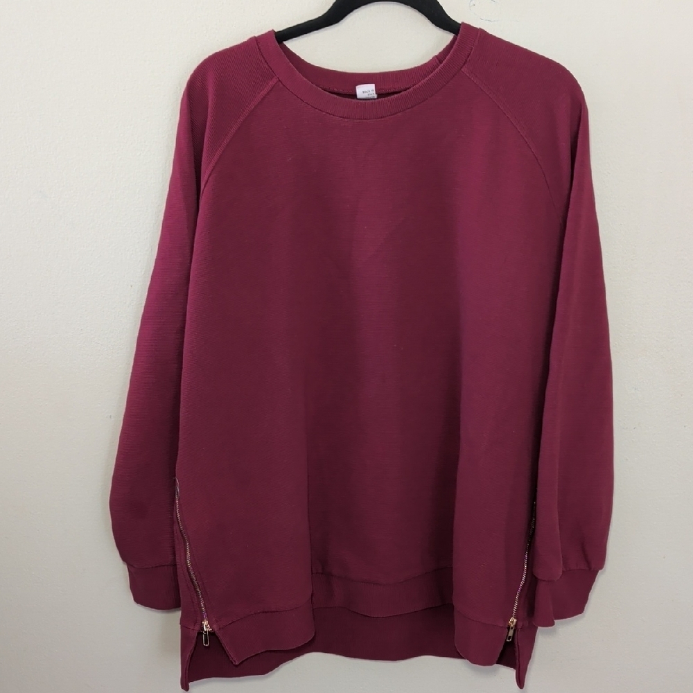 Anrabess Oversized Textured Sweatshirt with Zipper Slits Maroon Women's Size XL